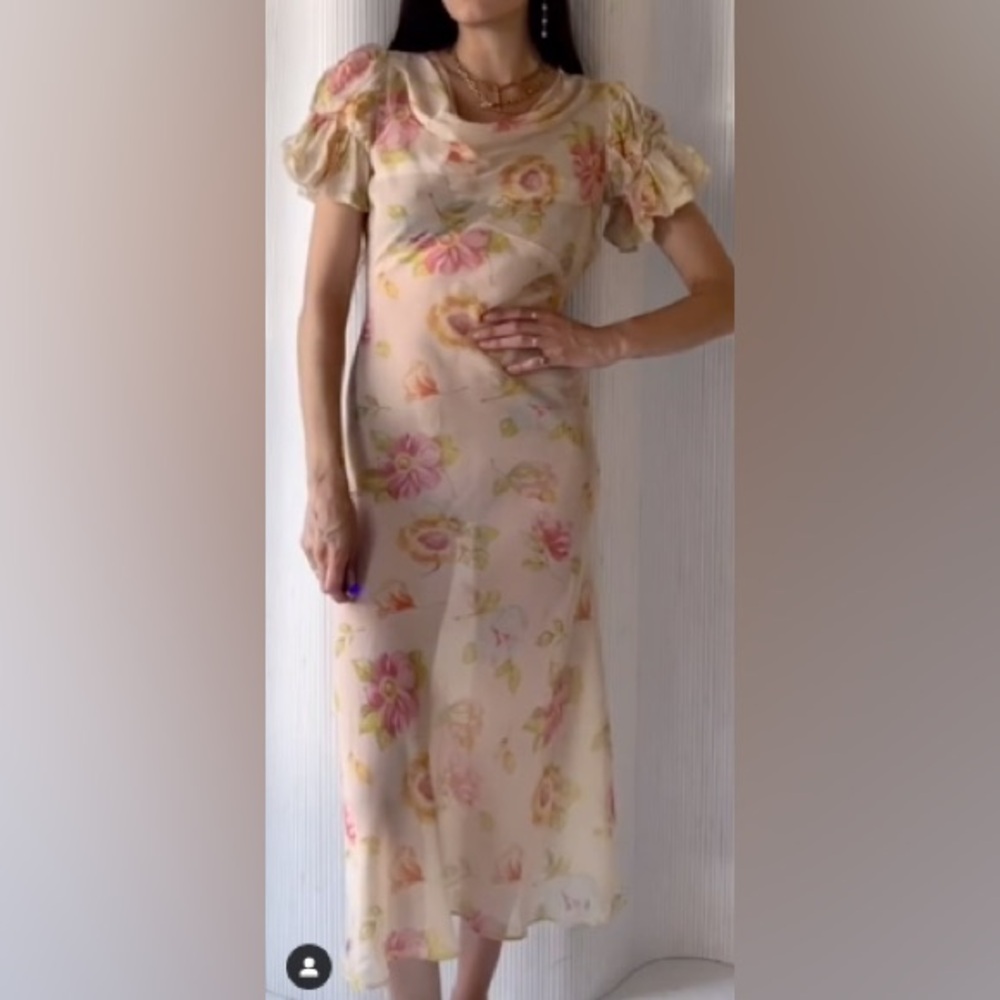 30s 40s Floral Dress sheer cowl neck XS S